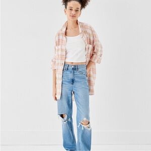 NWT - AE American Eagle - Oversized Peach Orange Plaid Button Up Shirt - Medium